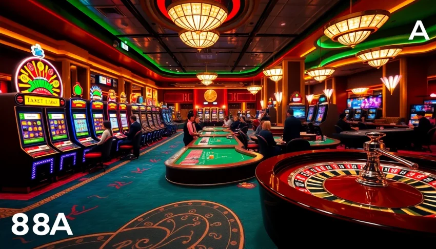 Experience the thrill of gambling at the casino showcasing 88AA branded gaming tables, colorful slot machines, and happy players.