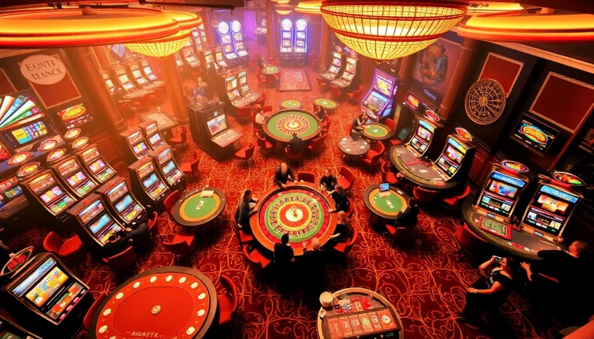 Experience the thrill of gaming at BIGBET88's glamorous casino with vibrant tables and players enjoying exciting bets.