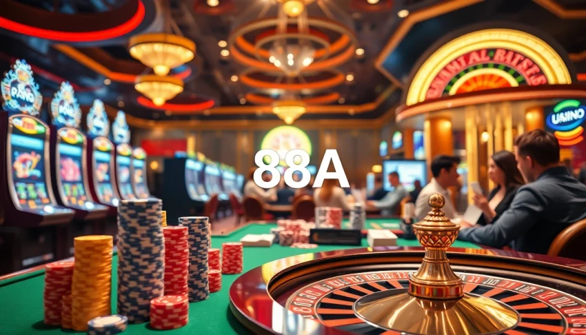 88AA gaming experience in a vibrant casino with diverse roulette and poker games capturing excitement.