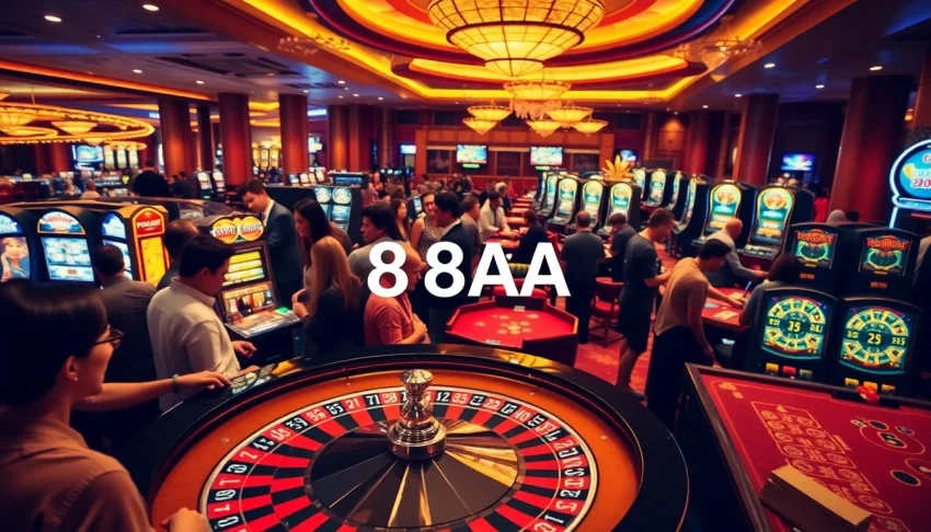 Exciting casino experience highlighting 88AA gaming, roulette wheel, and players at poker tables.
