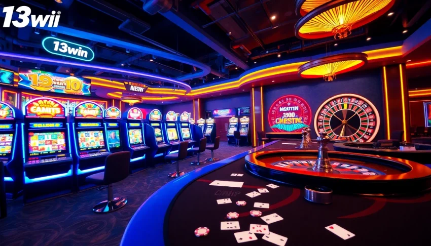 Experience the thrill of 13win online casino with vibrant slot machines and an engaging roulette wheel in an immersive gaming environment.