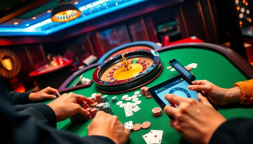 Action-packed blackjack table at nhà cái F8bet, highlighting poker chips and cards thrillingly.