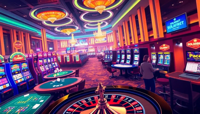 Experience vibrant casino action at Solarbet with players at gambling tables, spinning slots, and roulette wheels.