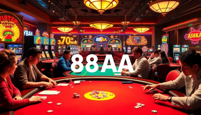 Experience the excitement of 88AA at a lively casino, featuring poker games, roulette, and vibrant slot machines.
