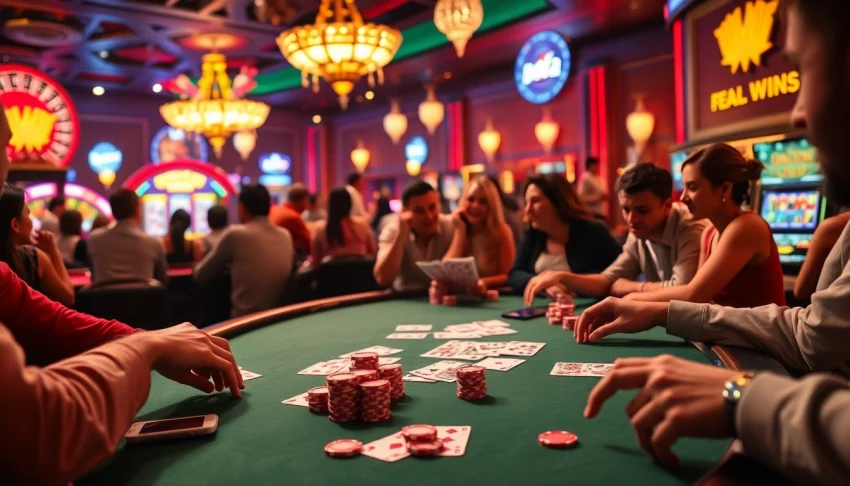 At the lively 88AA casino, players strategize over a poker table filled with colorful chips and cards.