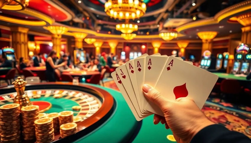 Experience high-stakes gaming at https://mm88.sa.com/, featuring vibrant casino tables with poker chips and players in action.