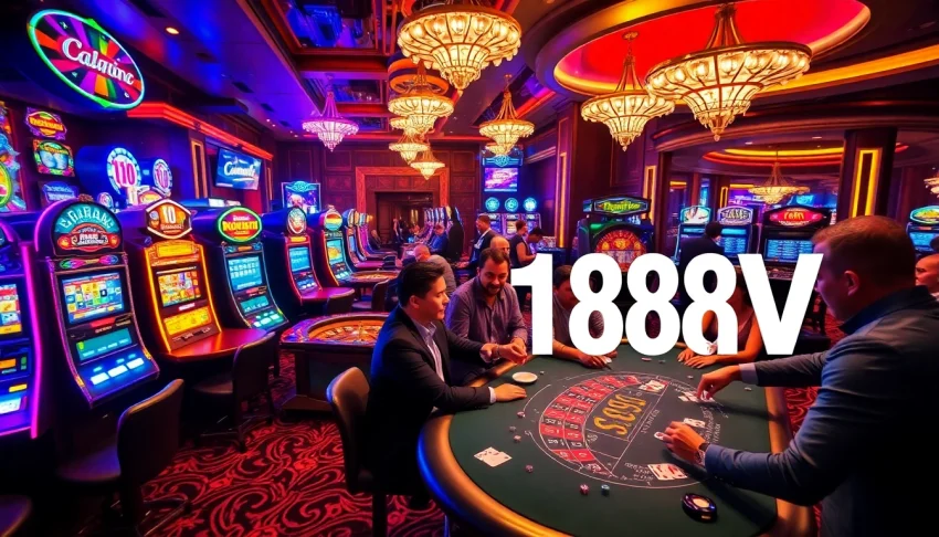 Experience the thrill of gambling at the casino with vibrant scenes of 188V excitement, featuring players at poker tables.