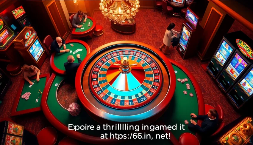 Experience the excitement of casino gaming, including roulette and poker tables at https://66b.in.net/, showcasing vibrant chips and thrilling players.