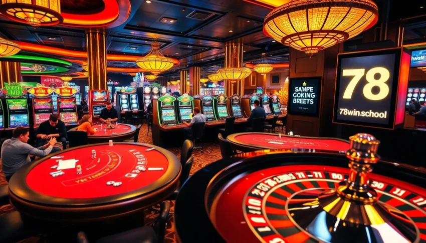 Exciting casino scene depicting players at tables, showcasing the vibrant gambling energy at https://78win.school/.