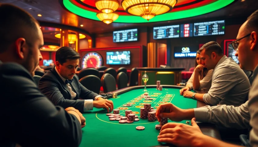 Players enjoy a thrilling QQ 88 blackjack game amidst vibrant casino lights and intense competition.
